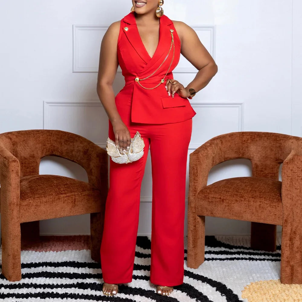 Elegant Sleeveless Jumpsuit for Women with Notched Collar Buttons and Chain Detail Luxury Solid Color Romper for Birthday Party and Special Occasions