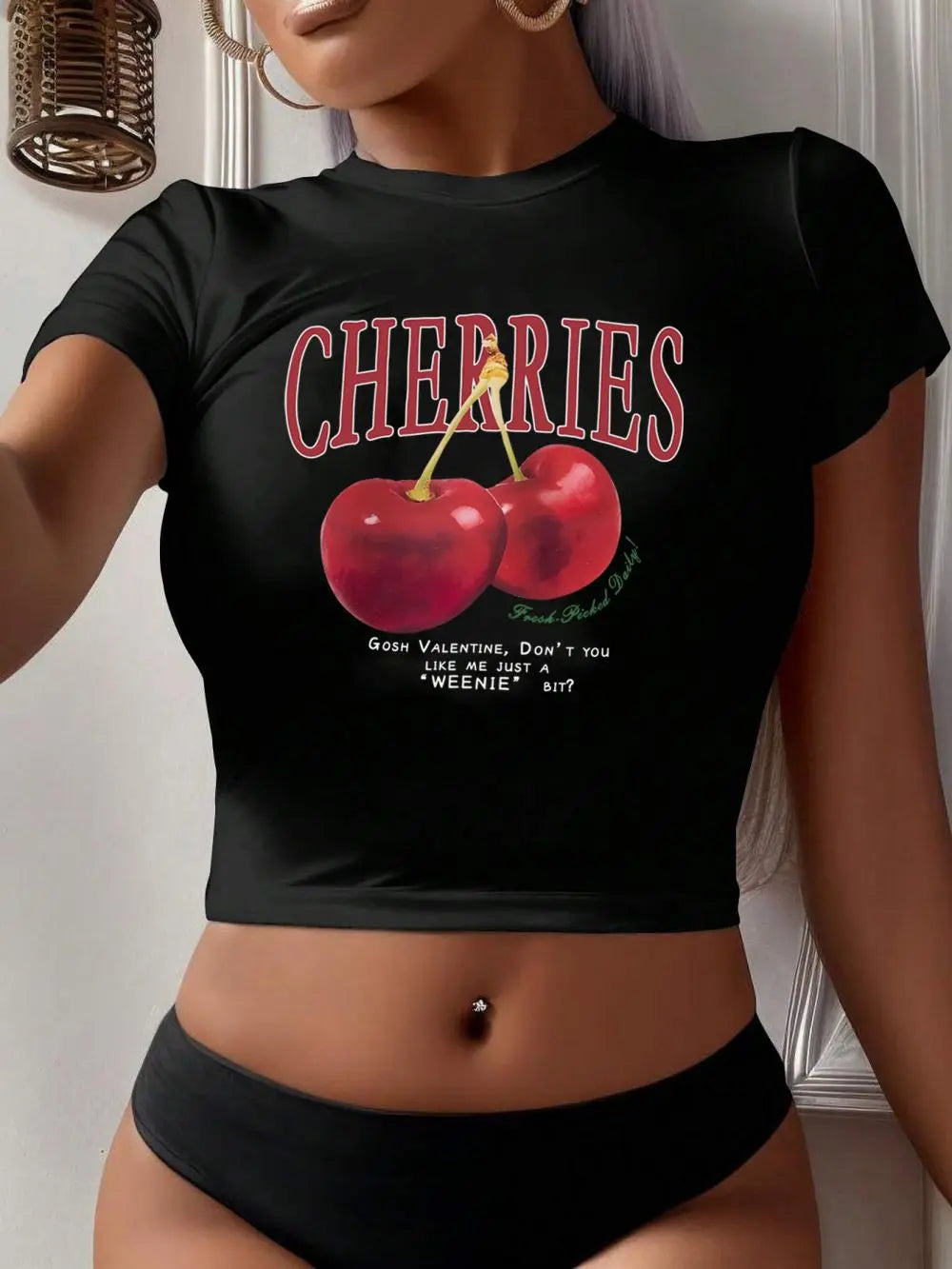 Harajuku Women's Crop Top with Fresh Red Cherries Print Soft O-Neck Tee for Comfortable Streetwear and Club Style
