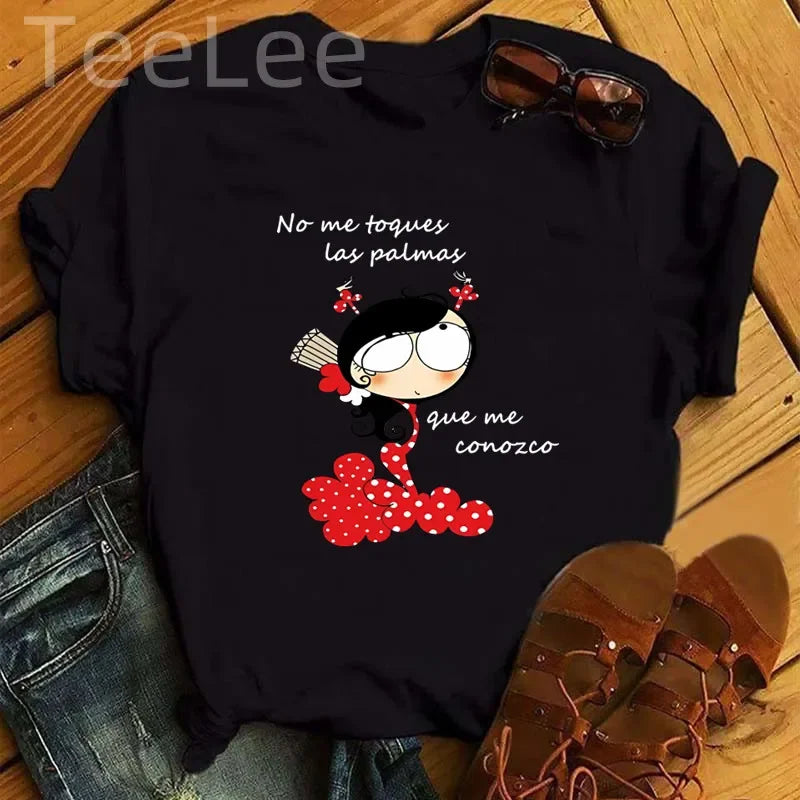Women Cartoon Flamingo Dance Printed O-Neck T-Shirt Cute Casual Top for Daily Wear