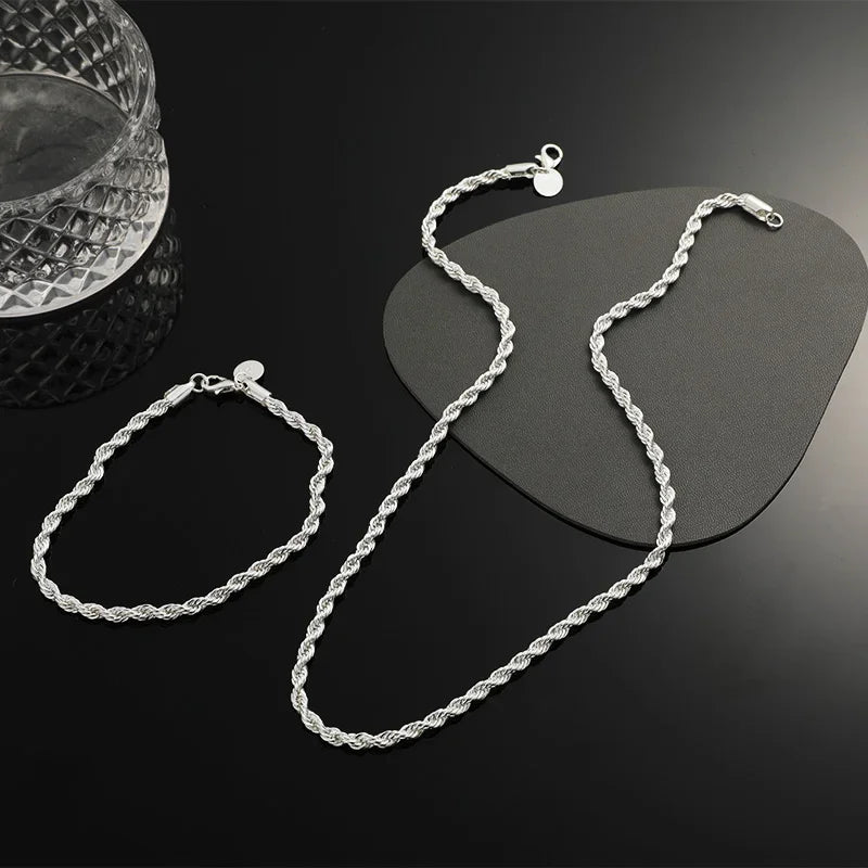 925 Sterling Silver Twisted Rope Chain Necklace and Bracelet Set for Men and Women High Quality Jewelry