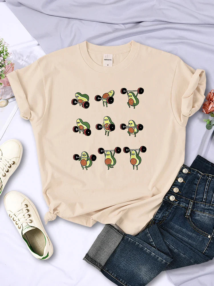 Avocado Cartoon Weightlifting T Shirt for Women Casual Short Sleeves Korean Hip Hop Style