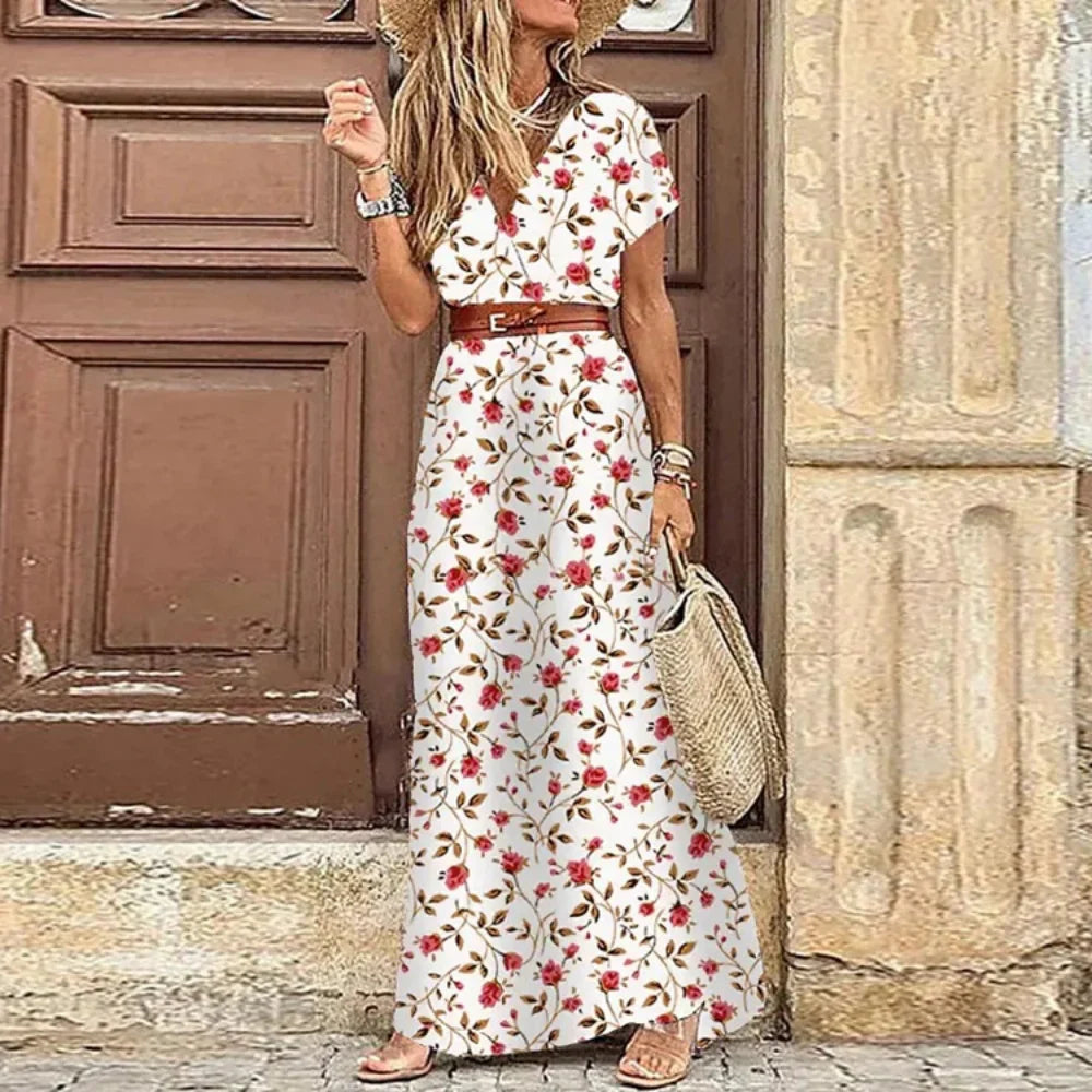 V Neck Midi Dress With Slit Retro Vintage Print Belted