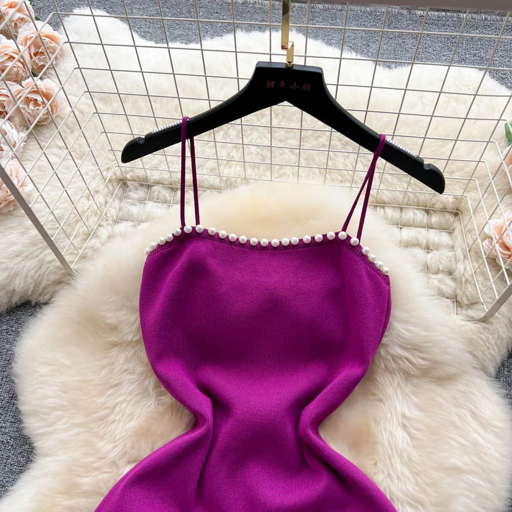 Pearl Design Knitted Bodycon Dress For Party And Streetwear