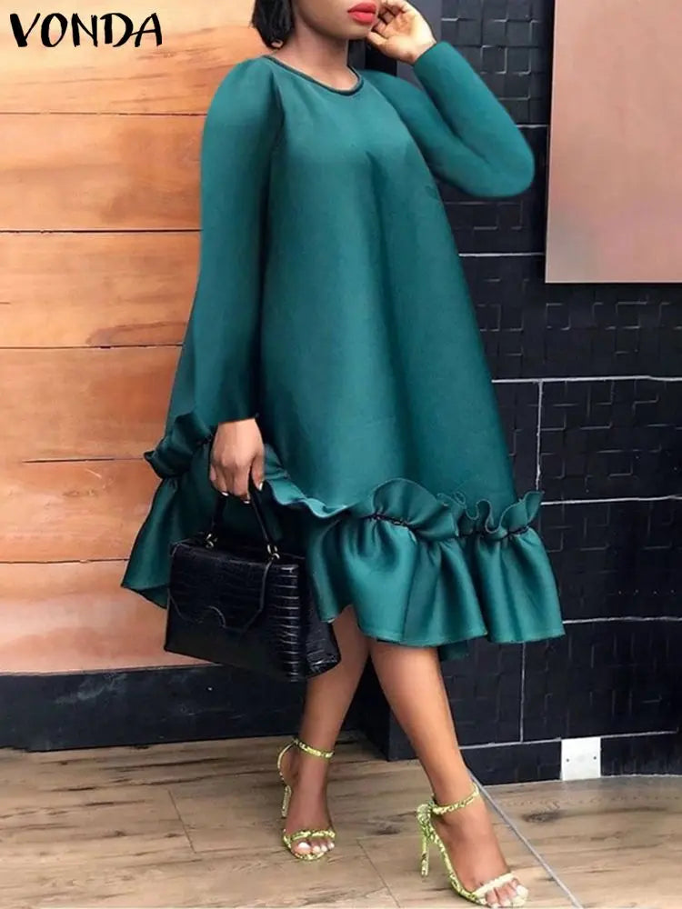 Elegant Ruffled Midi Dress For Women Long Sleeve Sundress