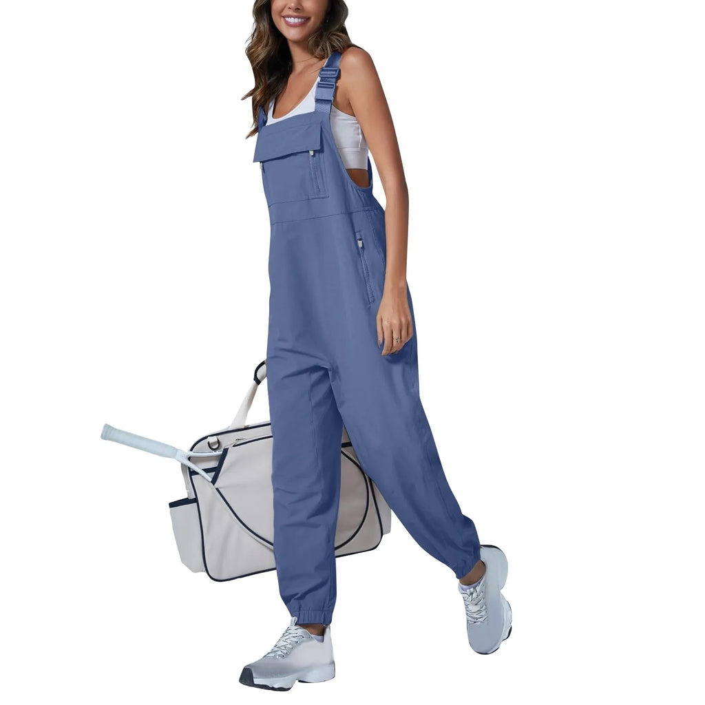 Women's Summer Casual Loose Wide Leg Jumpsuit with Adjustable Straps Pockets and Retro Button Detail Solid Color Sleeveless Overalls