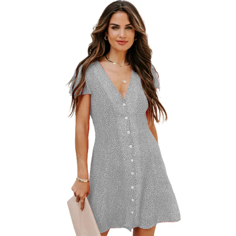 Polka Dot Dress For Women With Short Sleeves And Buttons