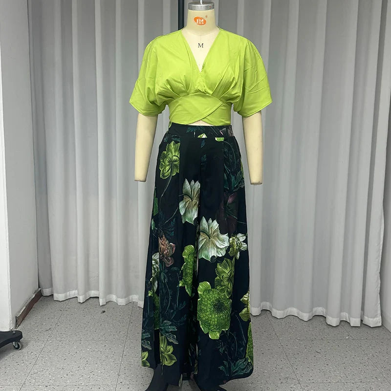 Casual Solid V Neck Short Sleeve Pullover Top and Wide Leg Pant Set for Women