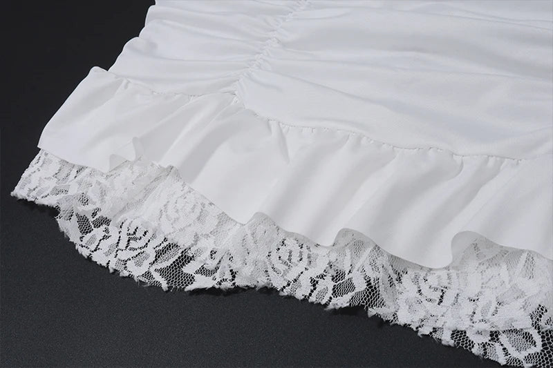 Elegant Y2K Lace See-Through Long Sleeve Crop Top with Ruched Slim Skinny Mini Skirt Two-Piece Set for Women