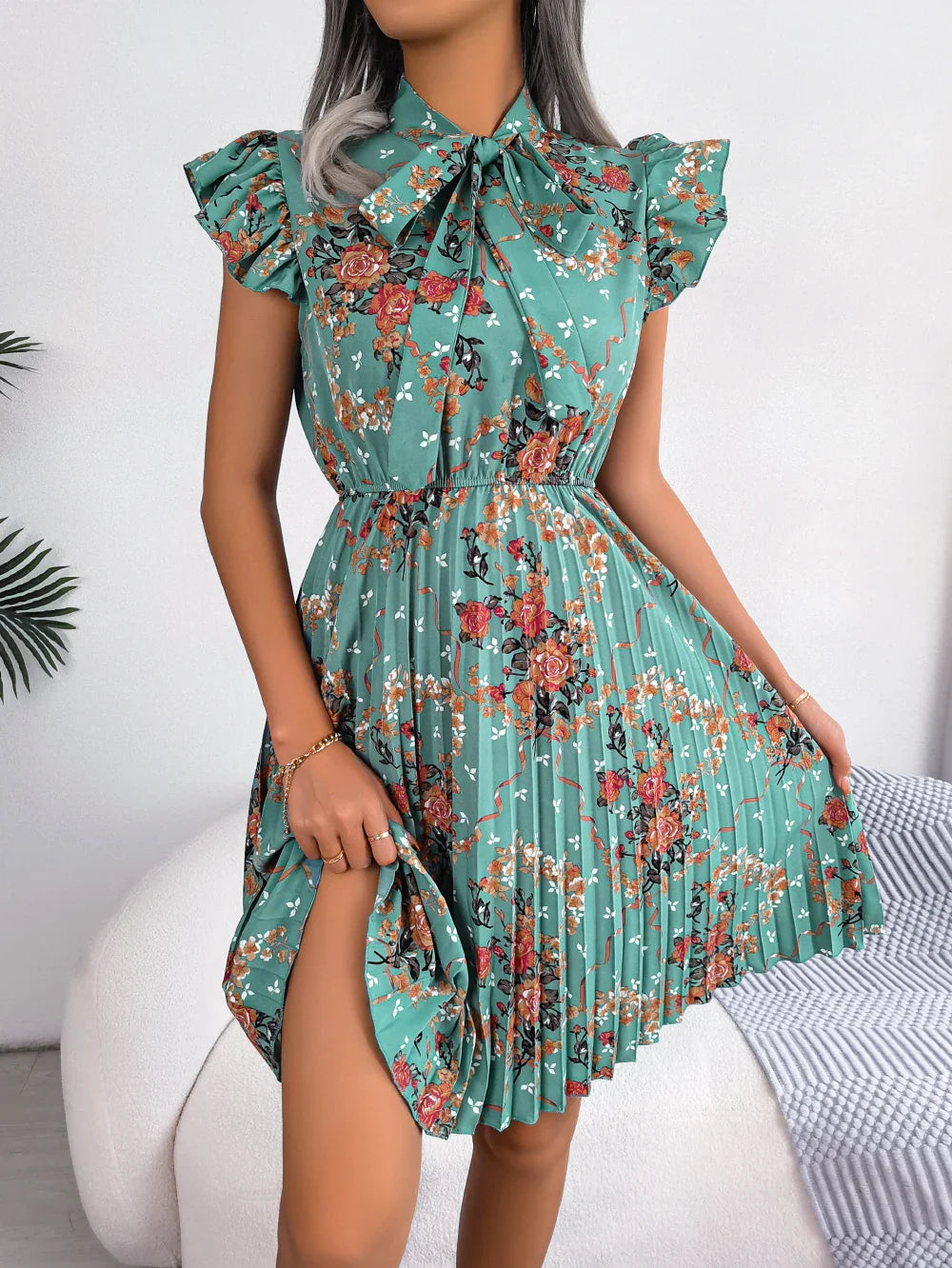 Womens Floral Print Bow Dress With Slim Pleated Waist
