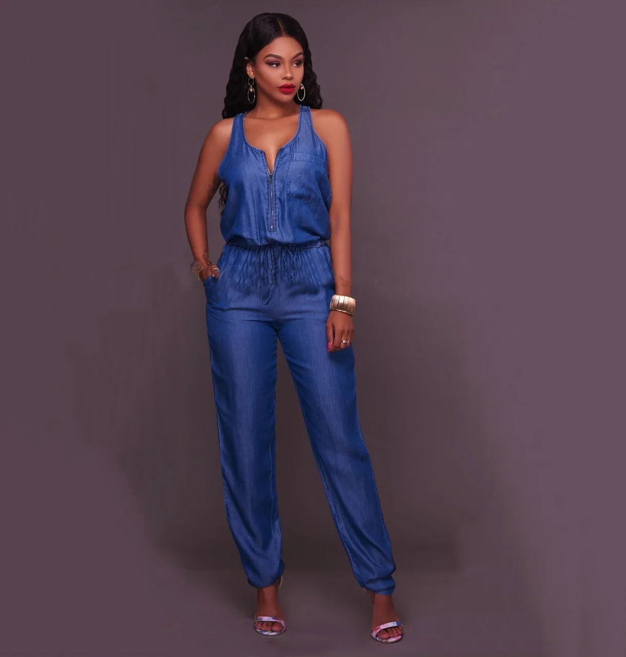 Womens Sleeveless Denim Jumpsuit Waist-Cinching Romper with Long Pants Stylish Summer Outfit