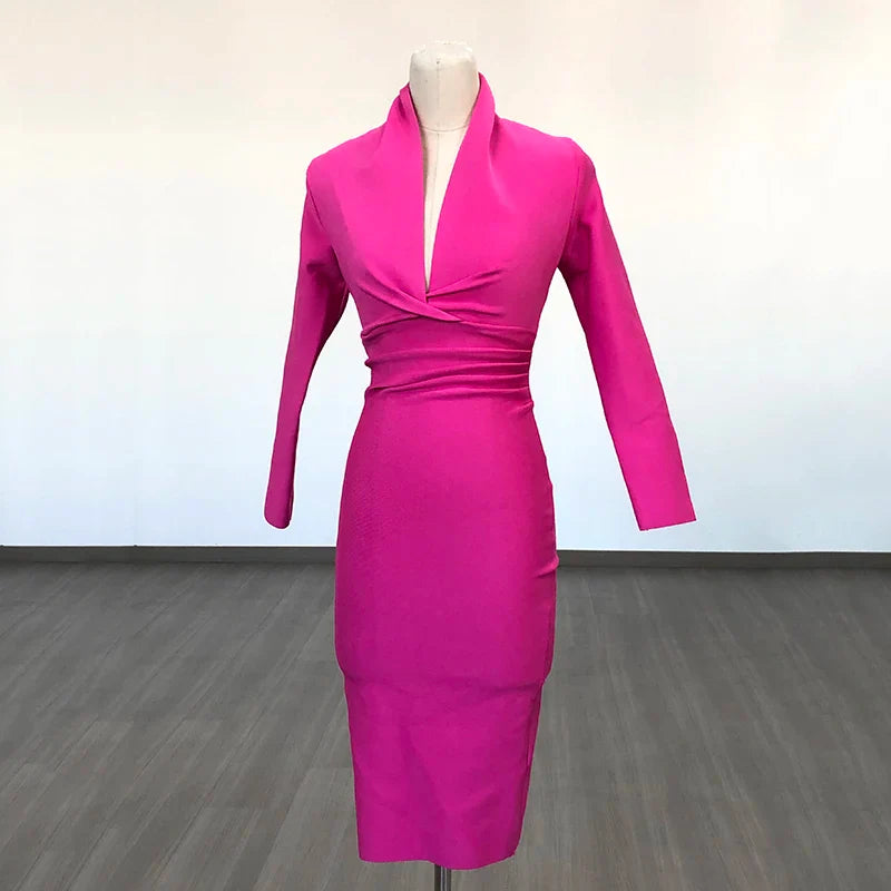 Colorful Deep V Bandage Dress Long Sleeve Bodycon Dress