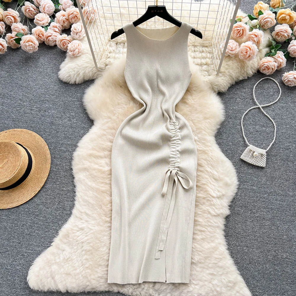 Summer Knitted Bodycon Dress Drawstring Split Black Women