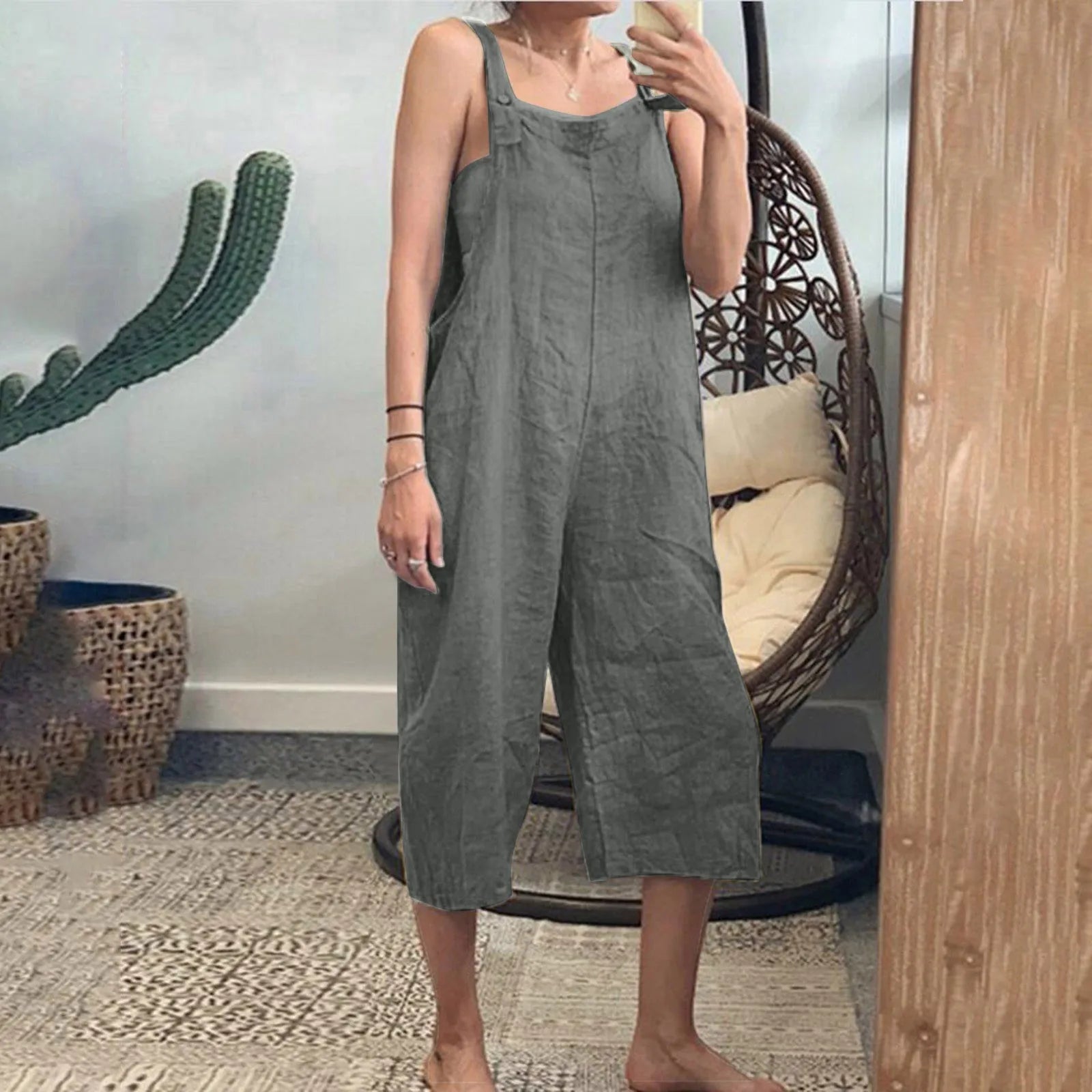 Solid Color Women Loose Cotton Linen Sleeveless Harem Jumpsuit Wide Leg Overalls Vintage Style Casual Romper Pants
