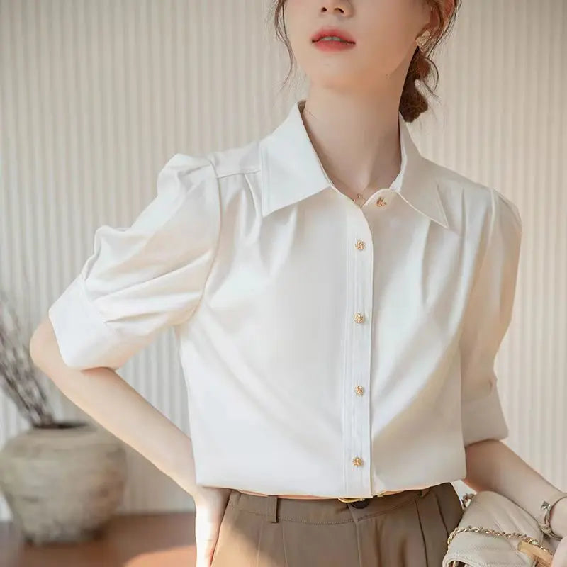 Elegant Summer Short Sleeve Office Shirt for Women Solid Color Basic Button-Up Blouse Stylish and Comfortable Female Workwear Top