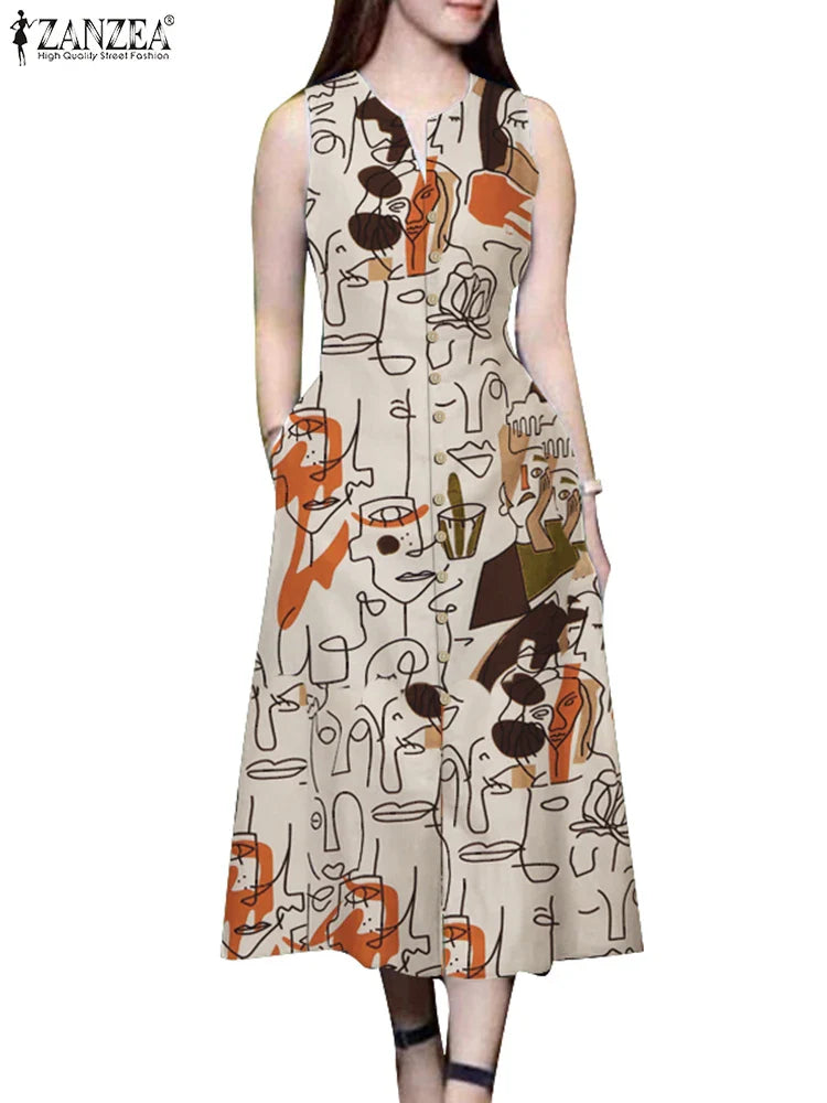 V Neck Sleeveless A Line Printed Sundress For Summer