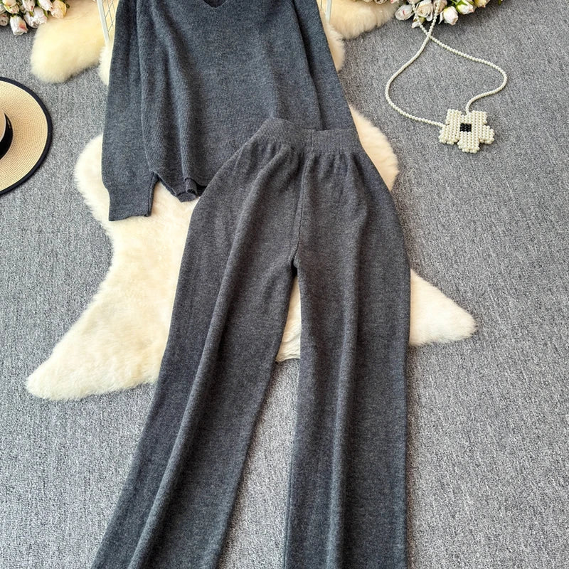 Cozy Knitted Two-Piece Women's Tracksuit Set with V-Neck Sweater and Straight Jogging Pants Autumn Winter Lounge Wear