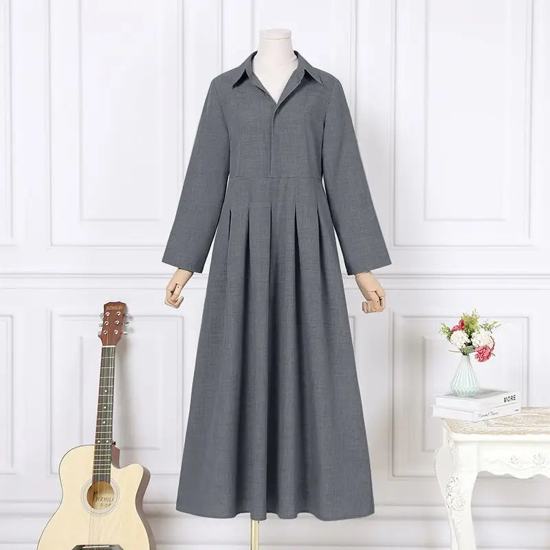 Women Long Sleeve Maxi Dress Office Casual Solid A Line