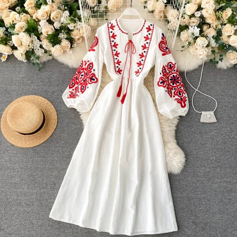 Bohemian Embroidered Floral Dress With Lantern Sleeve