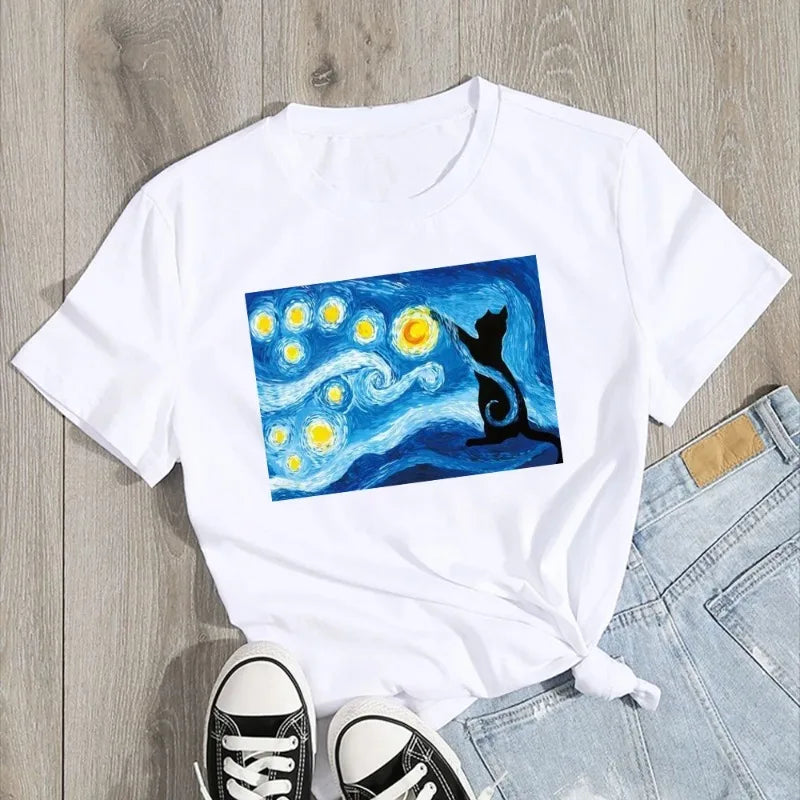 Aesthetic Van Gogh Starry Night Cat Print Women's Short Sleeve T-Shirt