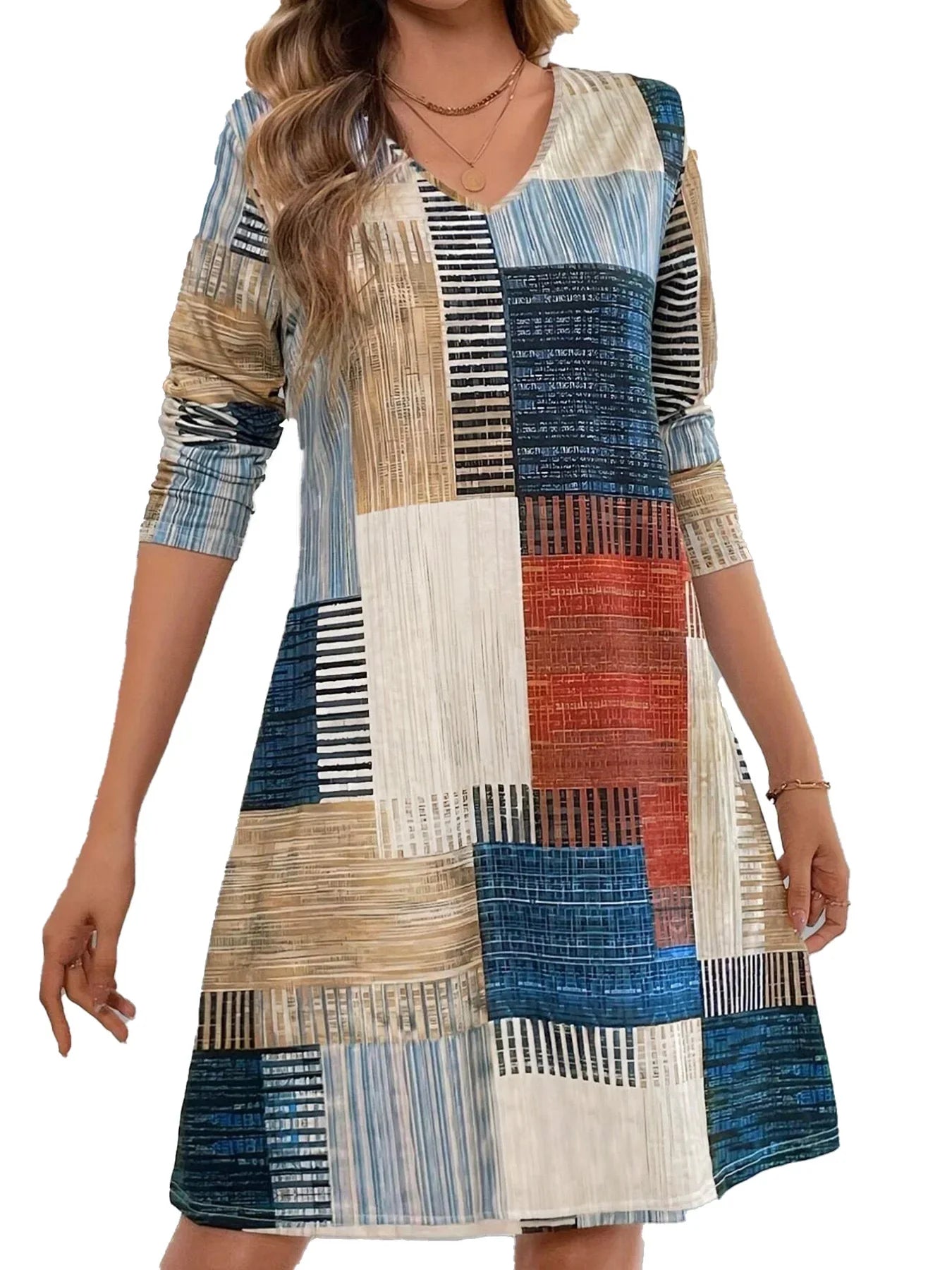 Womens Geometric Plaid Print Dress With V Neck Long Sleeves