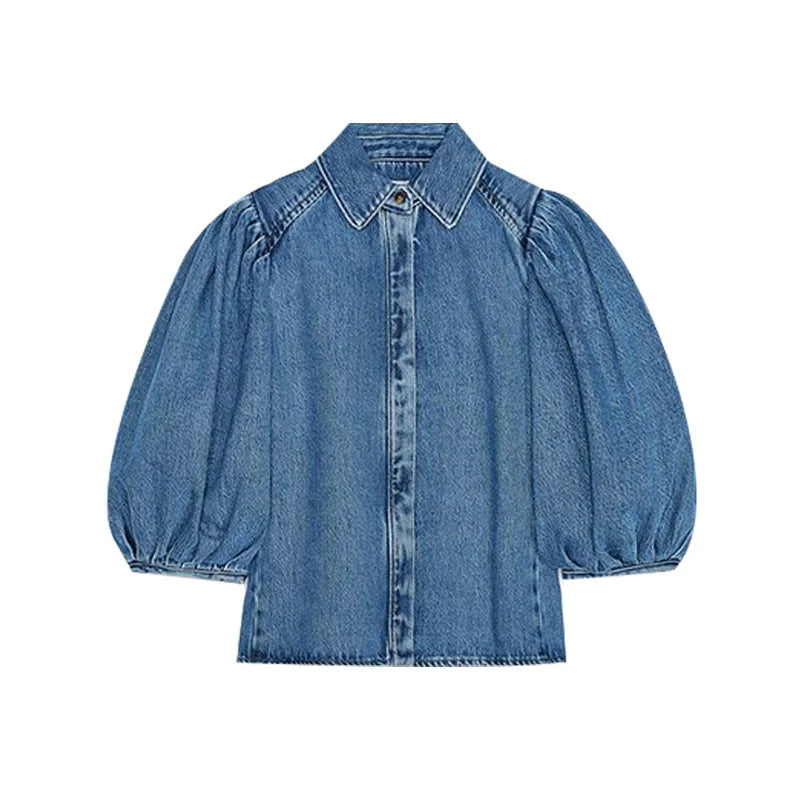 Street Denim Women's Puff Sleeve Shirt Solid Color Single Breasted Pleated Blouse Casual Half Sleeve Top for Spring and Summer