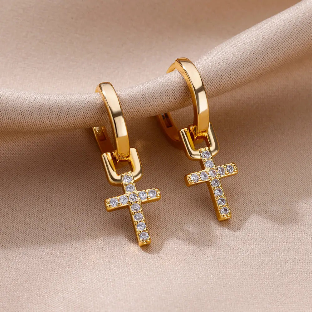 Zircon Cross Dangle Earrings for Women - Stainless Steel Wedding Jewelry for Couples and Girls