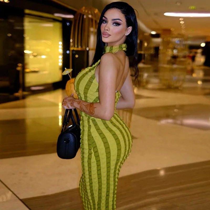 Y2K Patchwork Halter Backless Bodycon Maxi Dress For Women