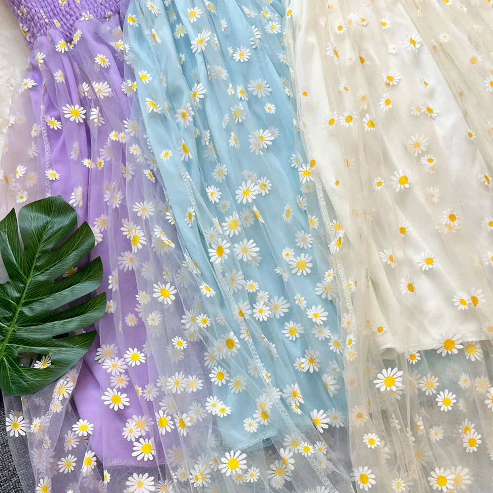 Floral Daisy Print Mesh Long Dress for Summer Vacation