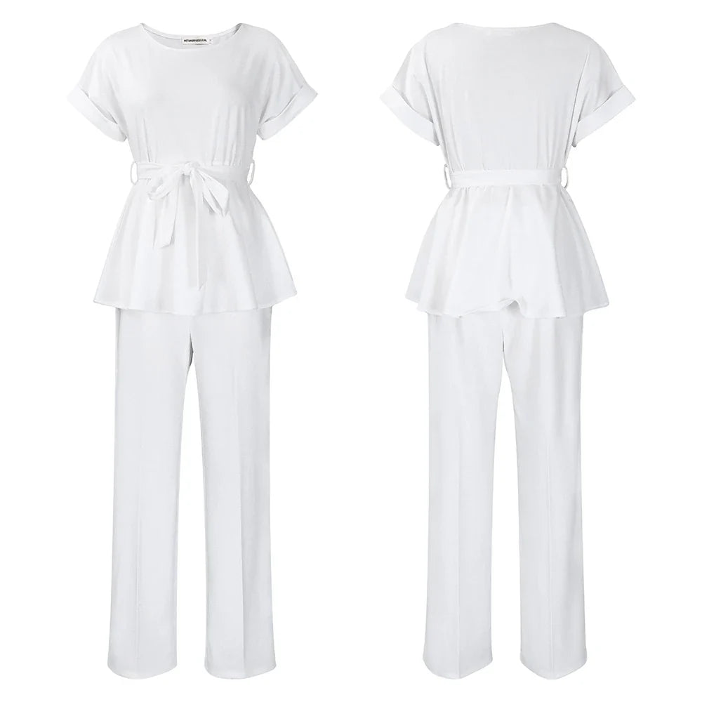 Women's Elegant 2 Piece Pants Set with Solid Blouse Short Sleeve O Neck and Long Trousers