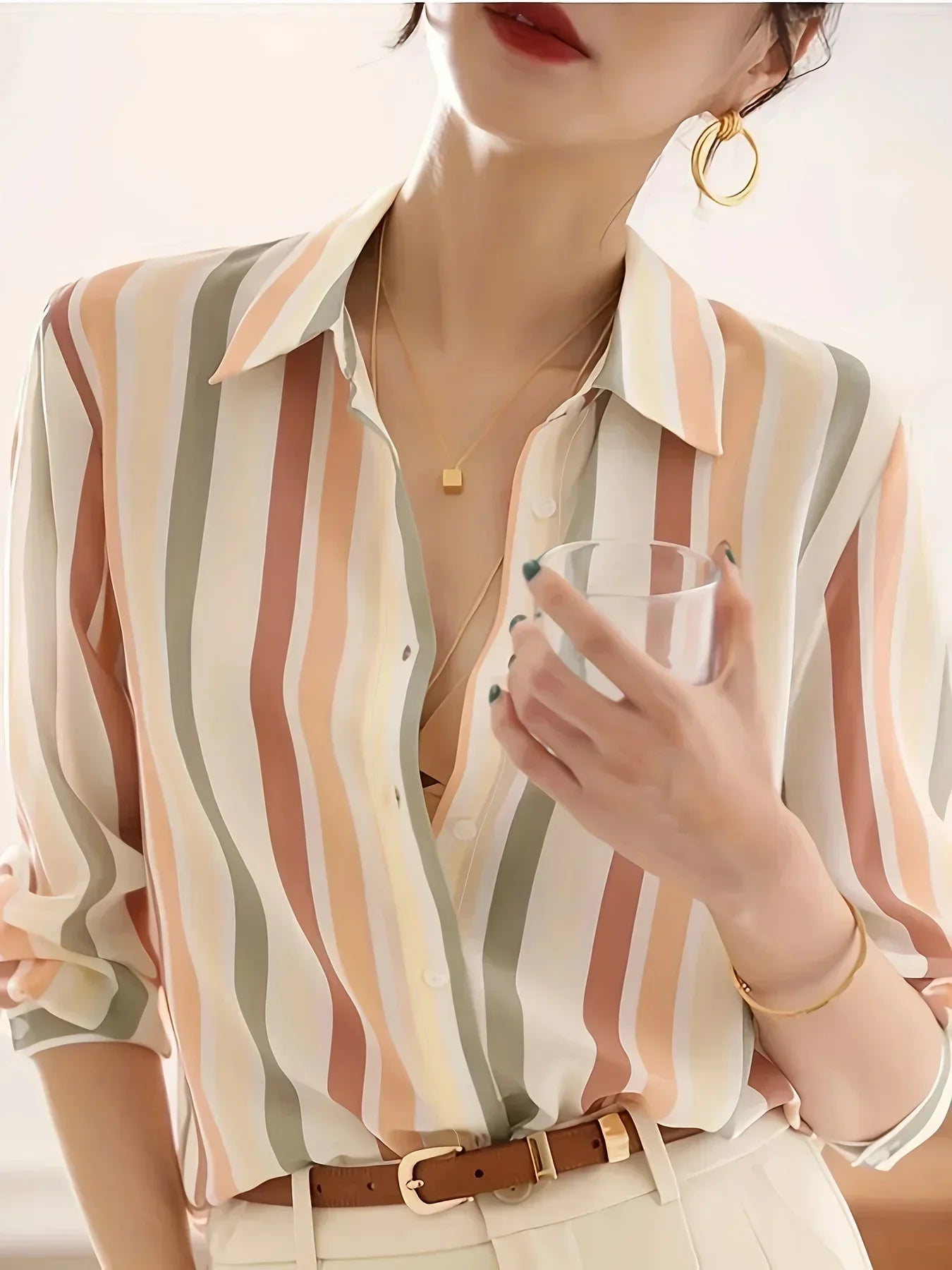 Striped Print Button Front Casual Long Sleeve Shirt for Women Lightweight Blouse for Spring and Fall Women's Tops