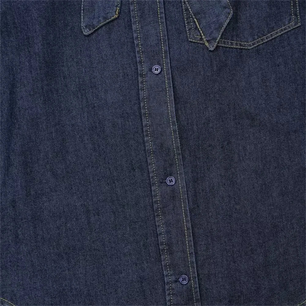 Fashionable Women's Loose Fit Denim Shirt with Color Contrast Bright Thread and Decorative Bow Detail