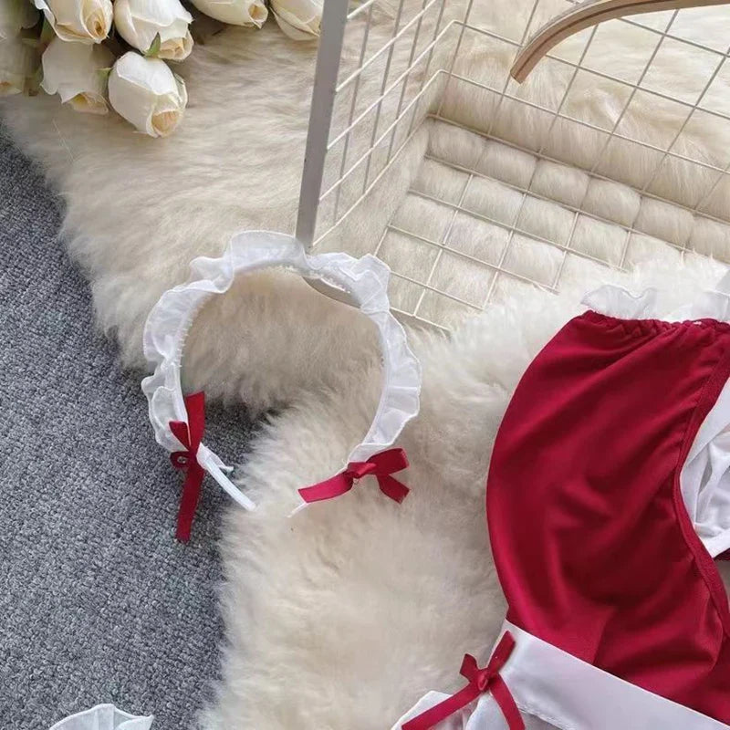 Maid Cosplay Nightwear Set Halter Hollow Out Thong