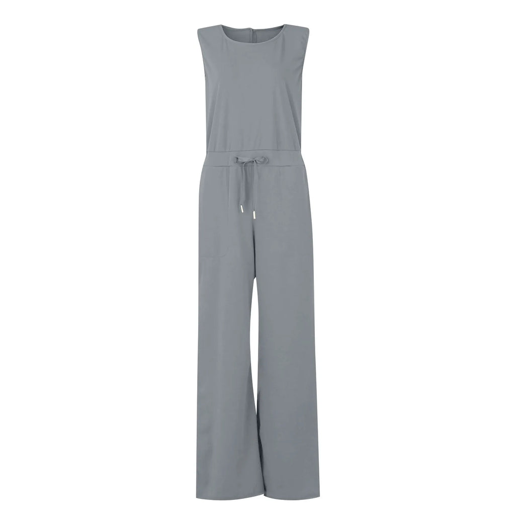 Women's Sleeveless Solid Color Casual Jumpsuit with Drawstring Waist Pockets Straight Leg Thin Commuting Outfit