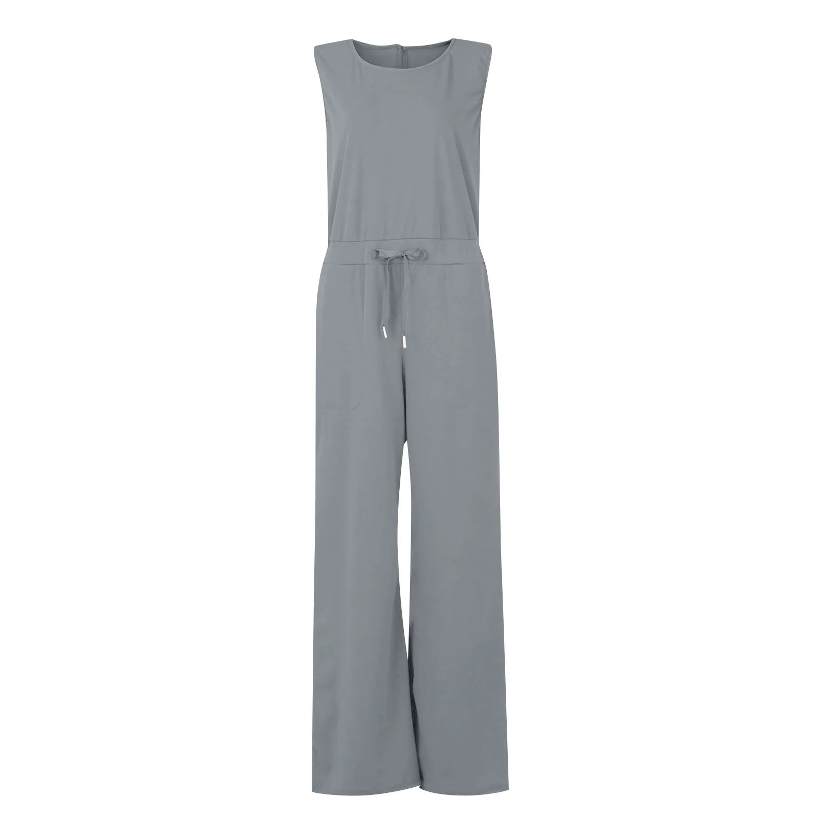 Women's Sleeveless Solid Color Casual Jumpsuit with Drawstring Waist Pockets Straight Leg Thin Commuting Outfit