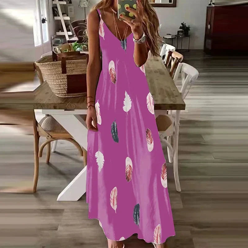 Feather Print Maxi Dress V Neck All Season Comfort Stretch
