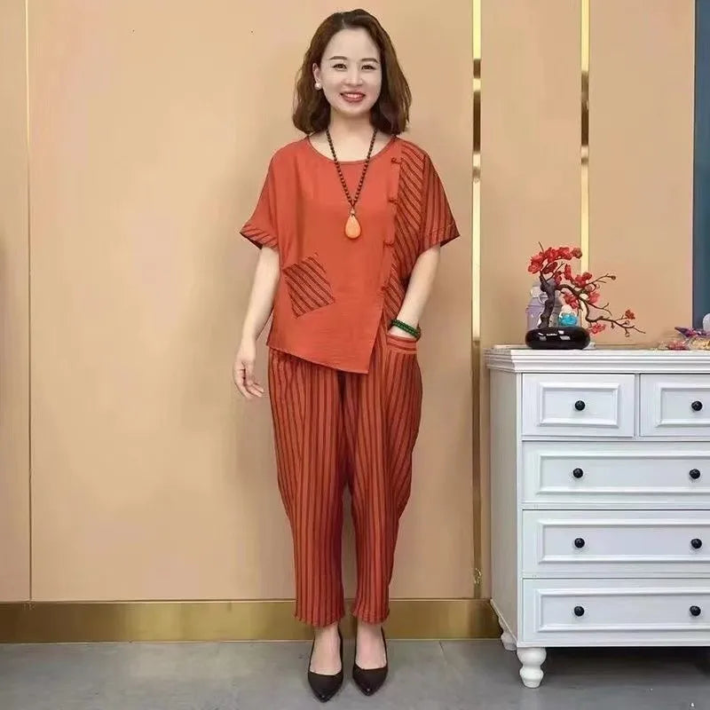 Vintage Cotton Linen Summer Outfit for Women Two Piece Suit with Loose Pants and Short Sleeve Blouse