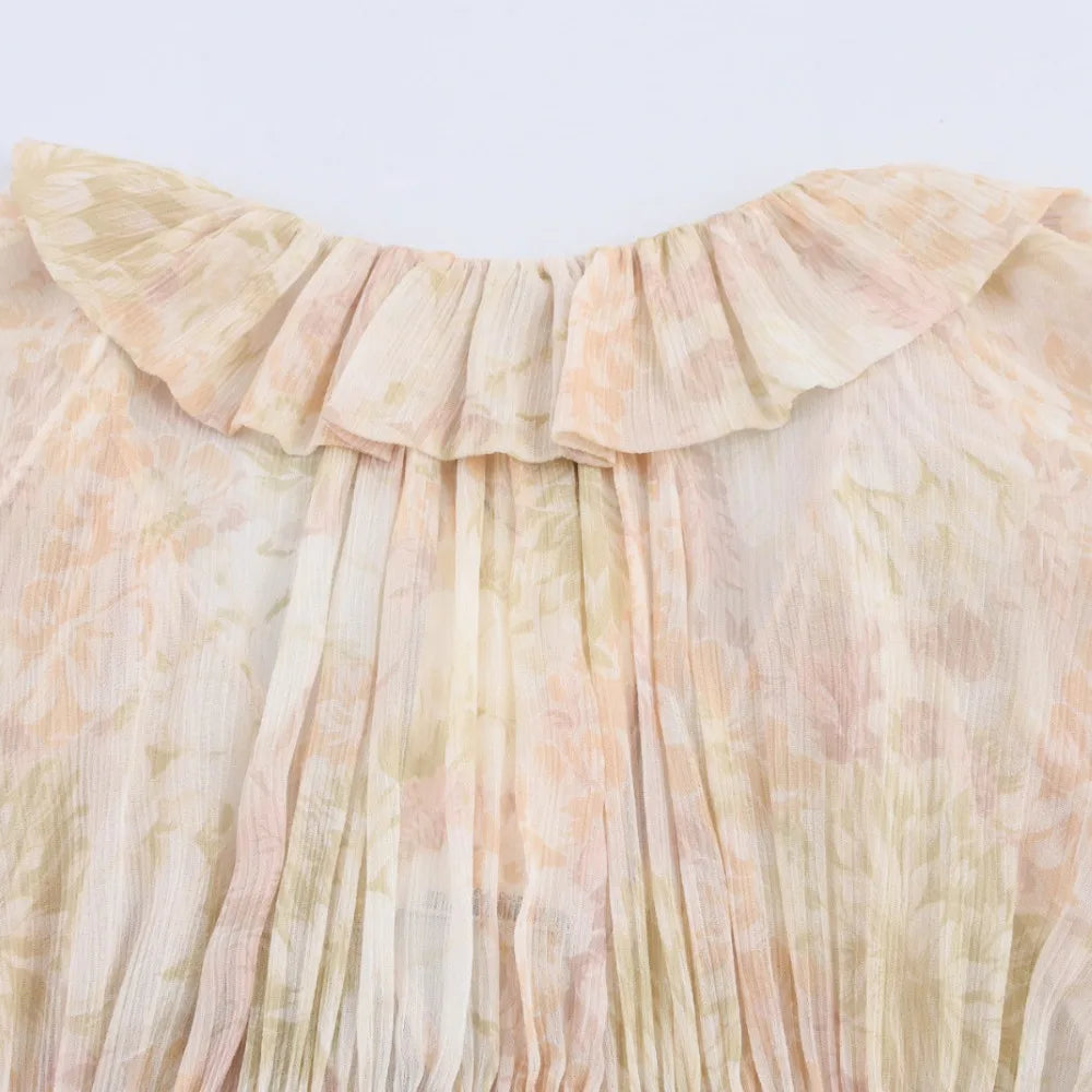 Loose Printed Blouse for Women with Pleated V-Neck Lantern Sleeves Single-Breasted Casual Pullover Shirt Chic Lightweight Spring Summer Top