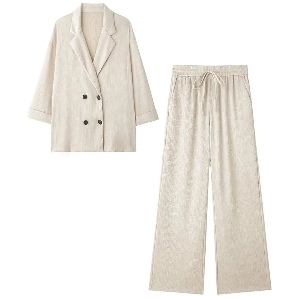 Elegant Women Blazer Pant Suit Set with Wrinkle Effect Double Breasted Long Sleeve Coat and Straight Trouser for Office Wear