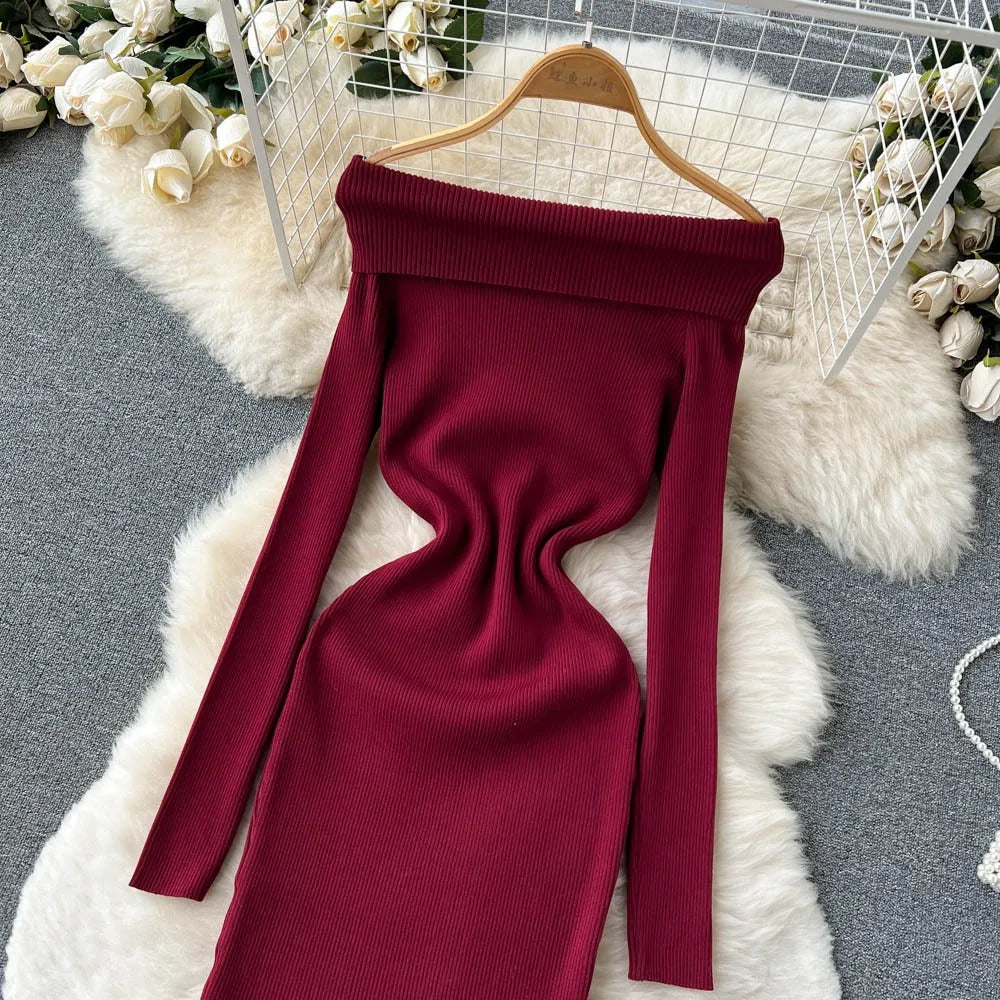 Elegant Knit Mermaid Dress Wrap Off Shoulder Long Sleeve