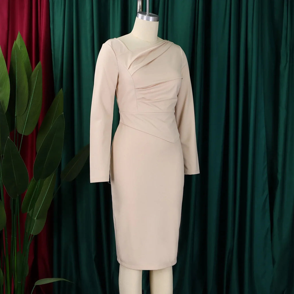 Professional Midi Office Dress for Women with Long Sleeves