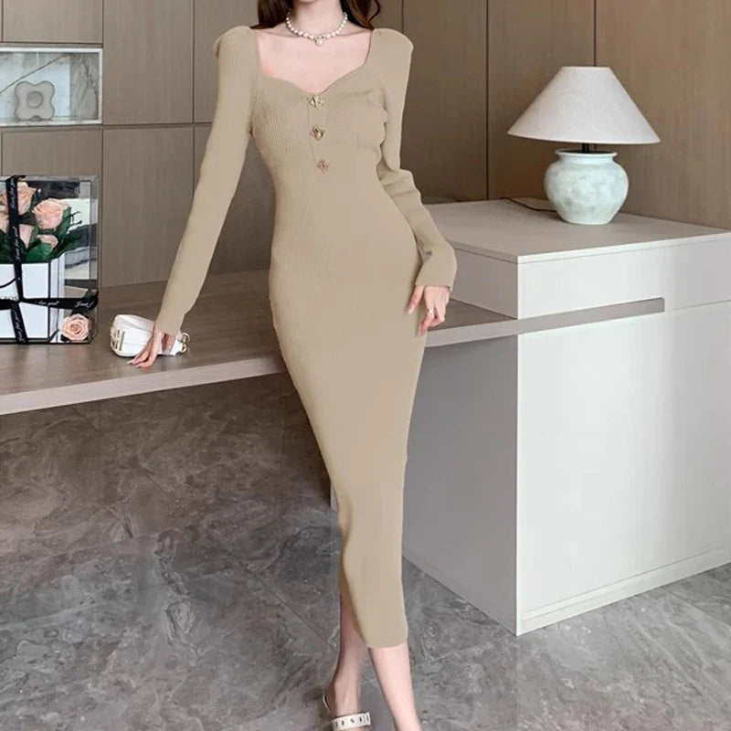 Elegant V Neck Knitted Bodycon Wrap Dress For Women Midi