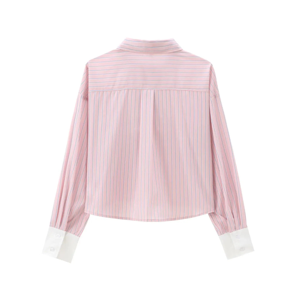 Women's Casual Striped Long Sleeve Short Shirt Simple Versatile Fashion Top