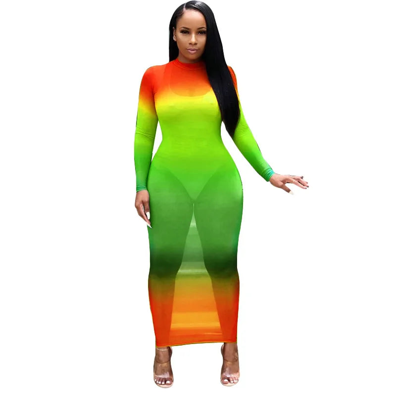 Rainbow Gradient Sheer O Neck Dress For Clubwear Nights