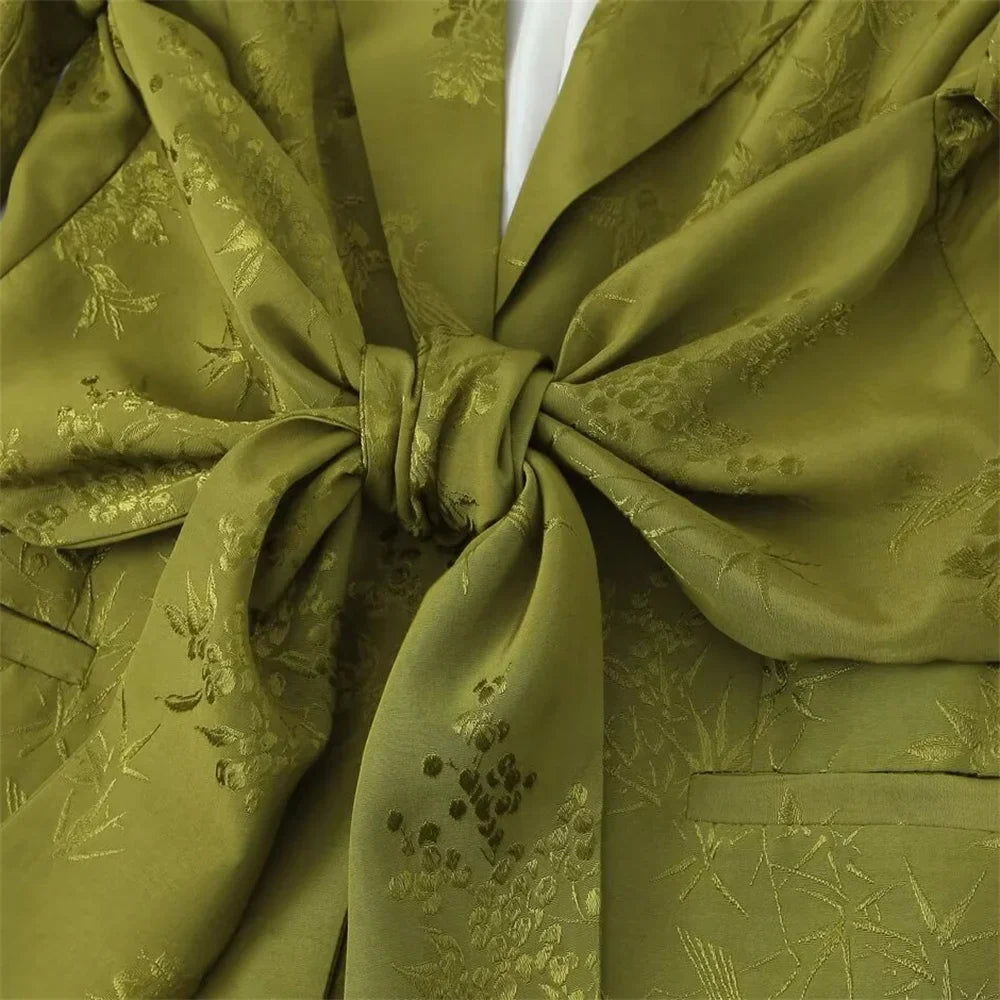 Versatile Women's Jacquard Suit Coat with Bow Decoration and High Waist Straight Leg Pants