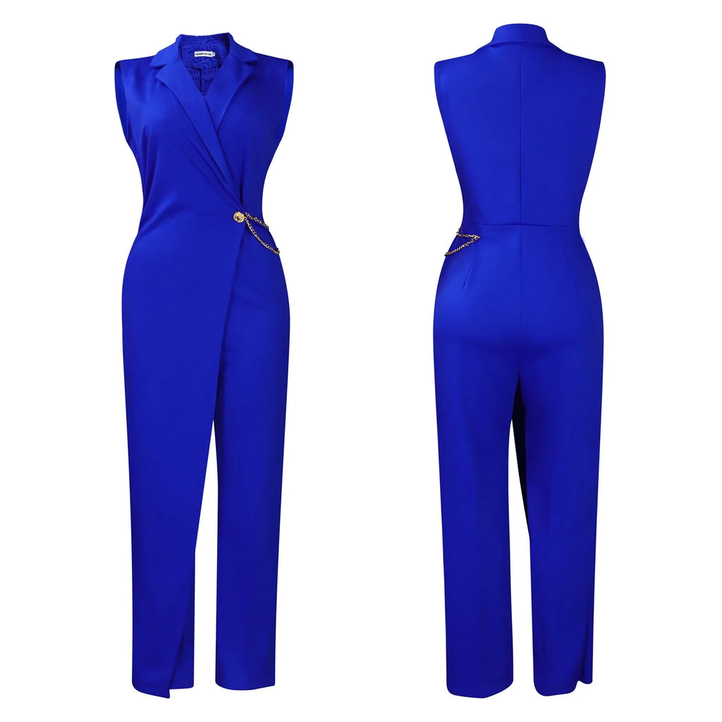 Elegant Sleeveless Jumpsuit with Turn Down Collar High Waisted V Neck Straight Leg Romper for Women Birthday Party Overalls