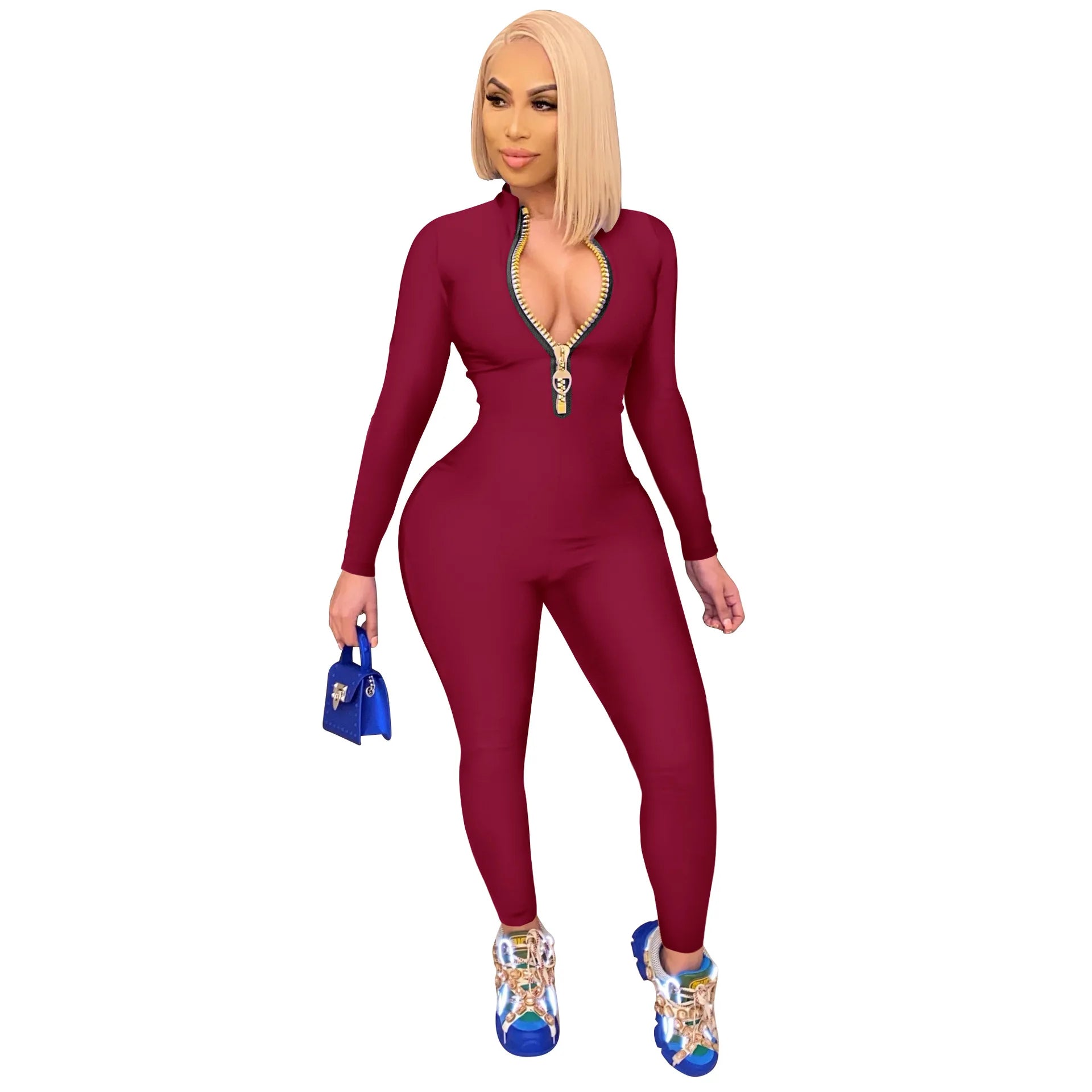 Women's Bodycon One-Piece Jumpsuit with Long Sleeves and Large Front Zipper Casual Sporty Skinny Workout Overalls Top