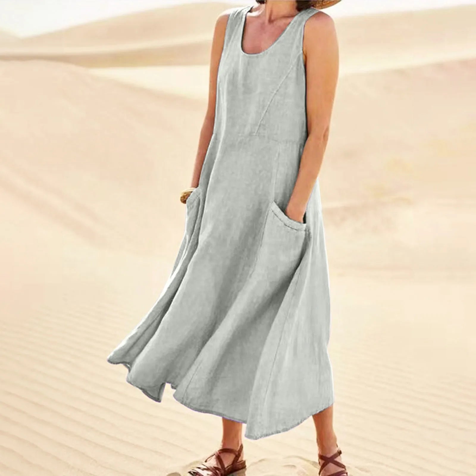 Cotton Linen Maxi Dress Plus Size Boho Sleeveless Pocket