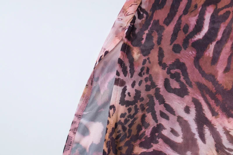 Leopard Print Mesh Maxi Dress Backless Slit See Through