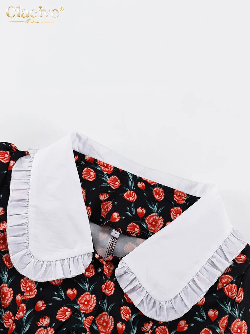 Office Midi Dress With Doll Collar Long Sleeves Elegant