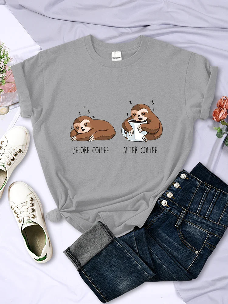 Before Coffee After Coffee Kawaii Sloth T Shirt for Women Casual Fashion Short Sleeve Breathable Tee